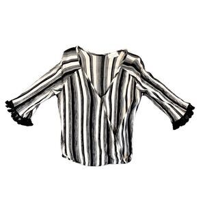 Lavender Field Black White Strips Wrap Top with Fringe Size M